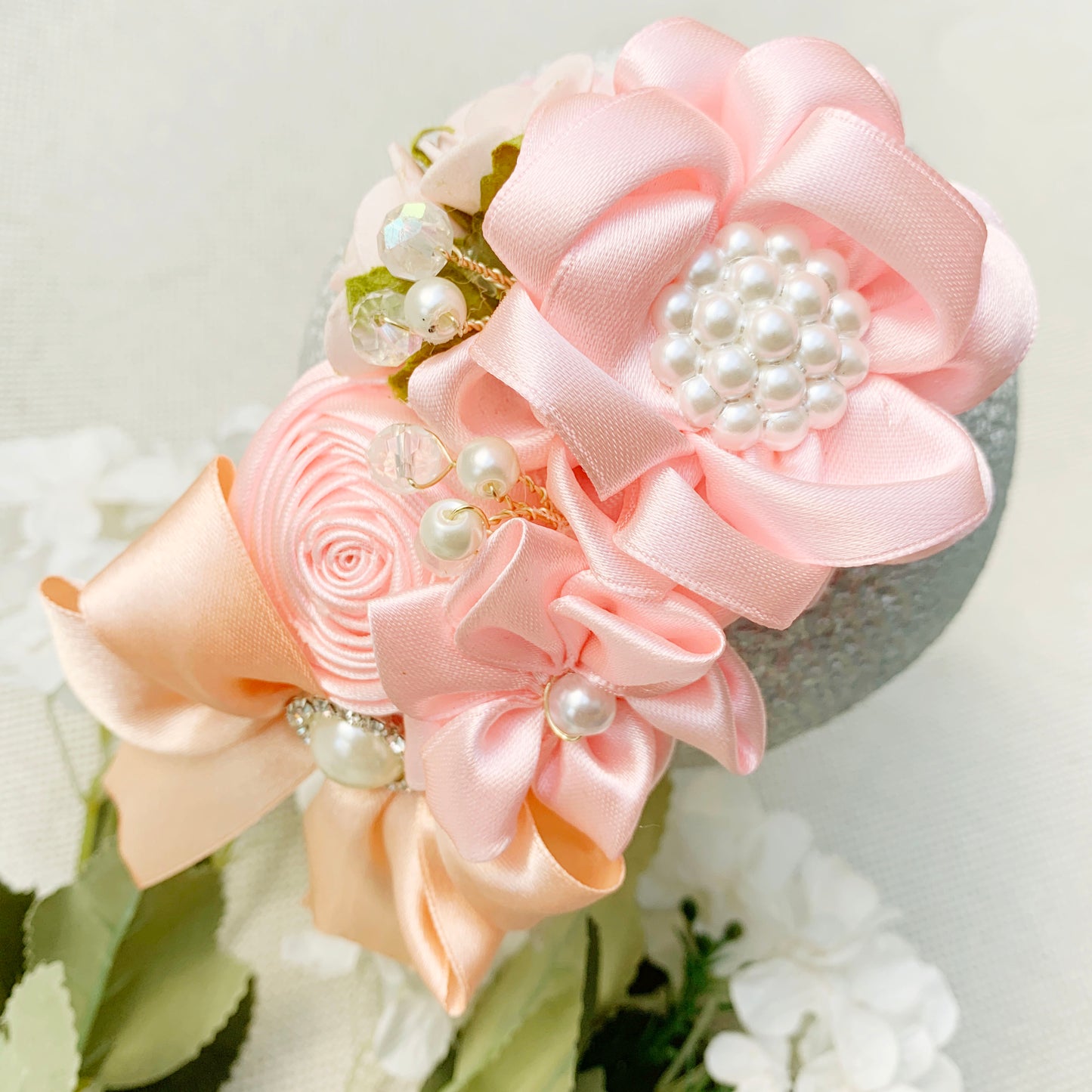 Vincha con flores y rosas rosada