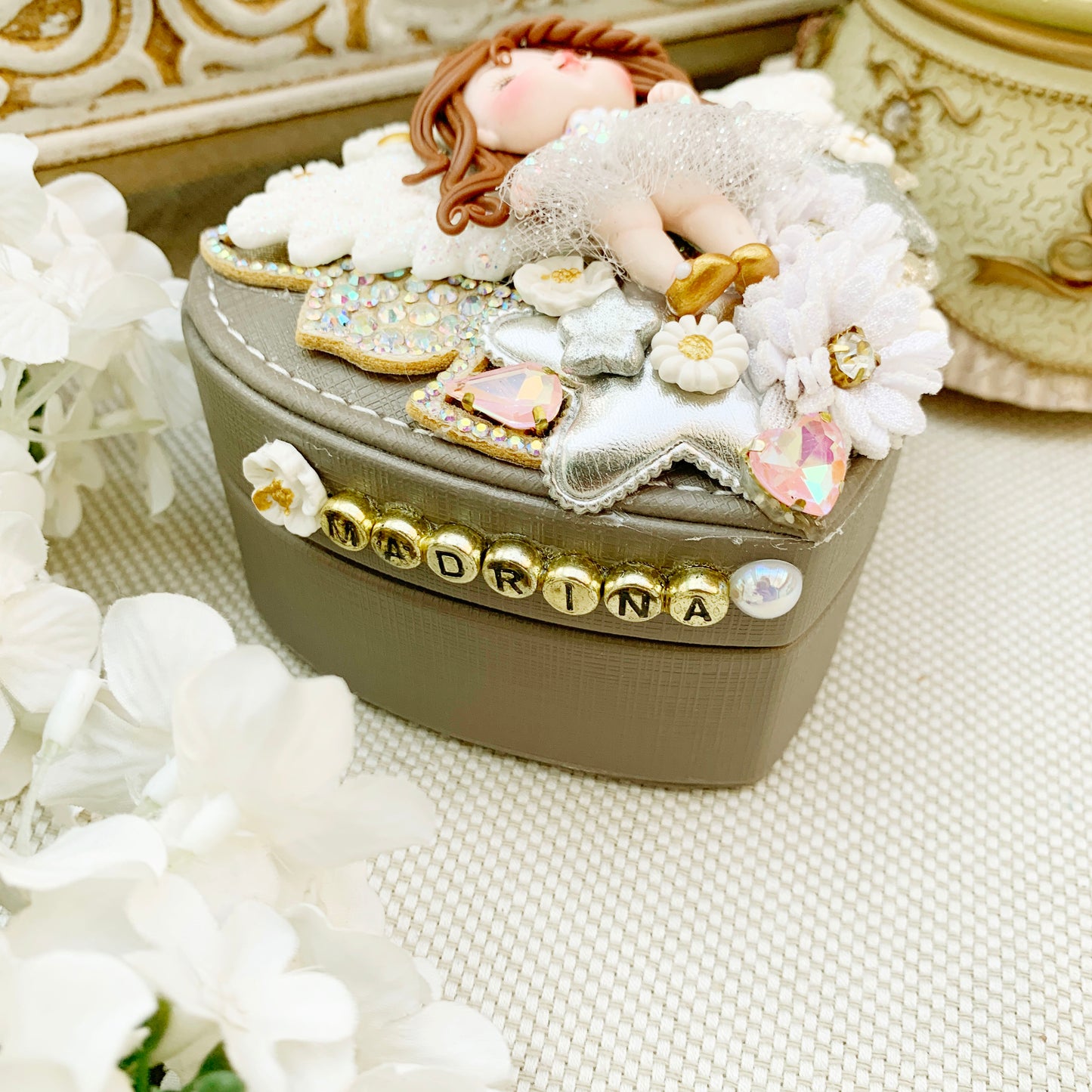 50%OFF Joyerito forma de corazón gris tutu para viaje o coqueta para madrina decorado artesanalmente