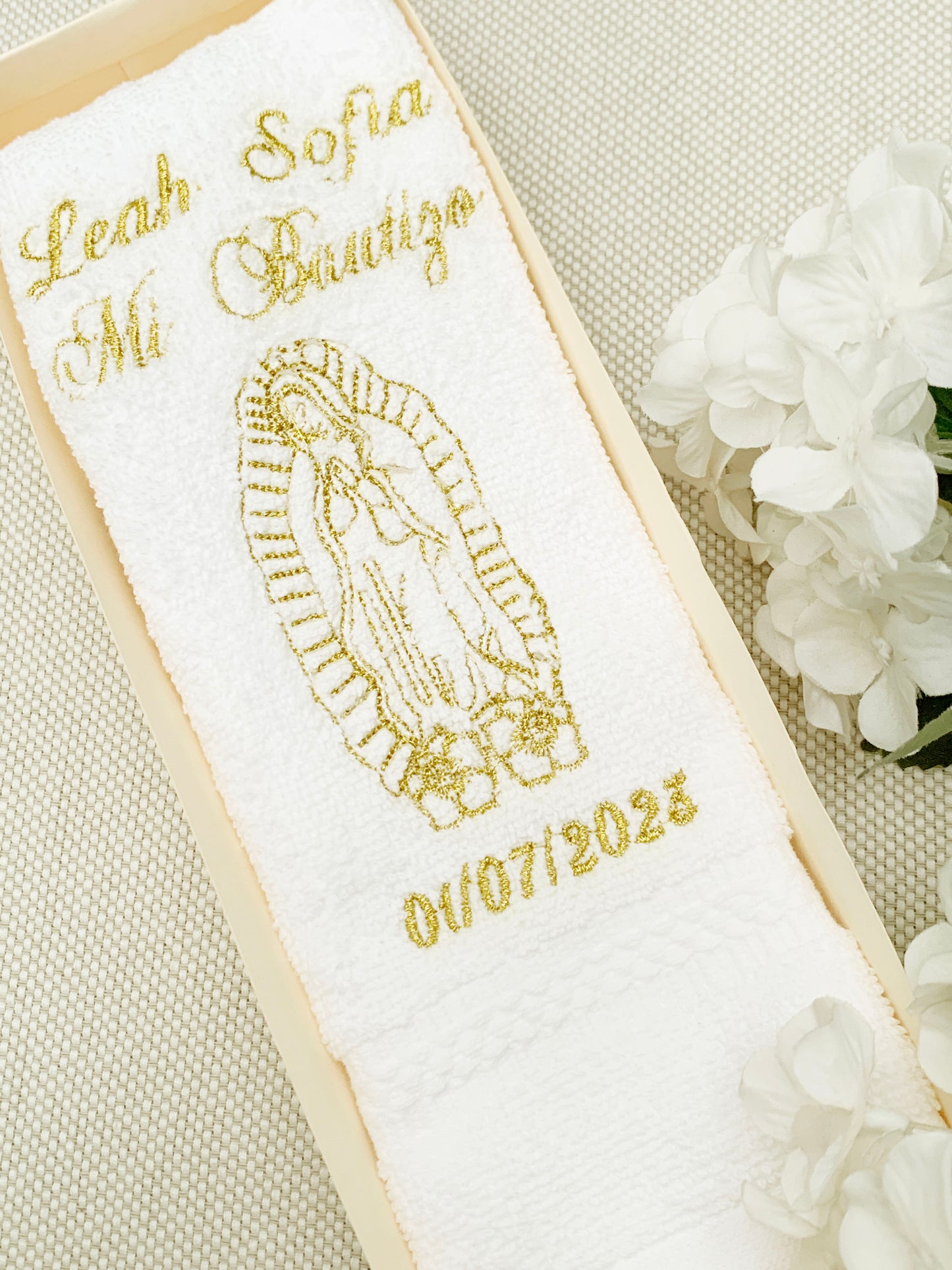 Pañito Personalizado Hipoalergénico Virgencita de Guadalupe opción de color dorado o plateado