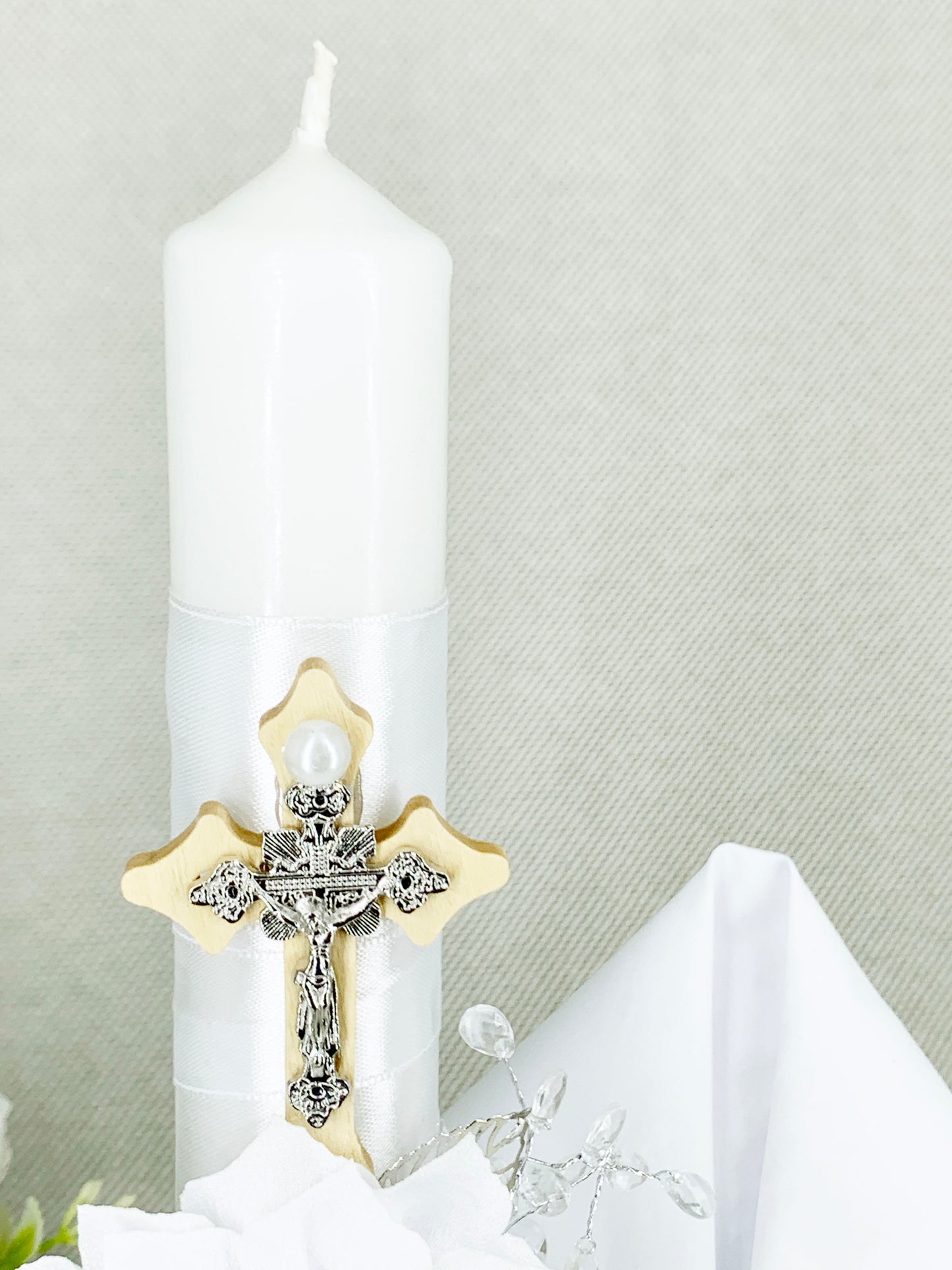 OFERTA SOLO TIENDA EN LINEA Cirio Bautismal + Regalía pañito - Modelo de encajes blanco