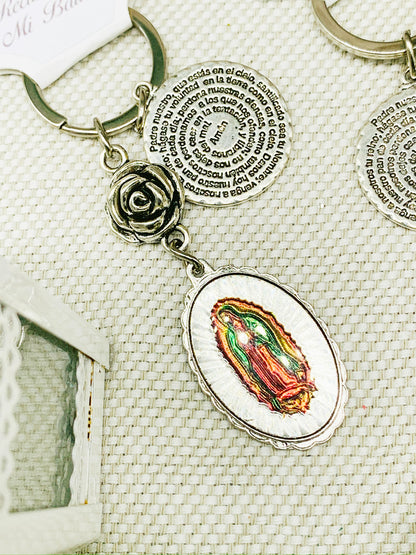 Llavero con Rosa de Guadalupe Virgencita y Padre Nuestro