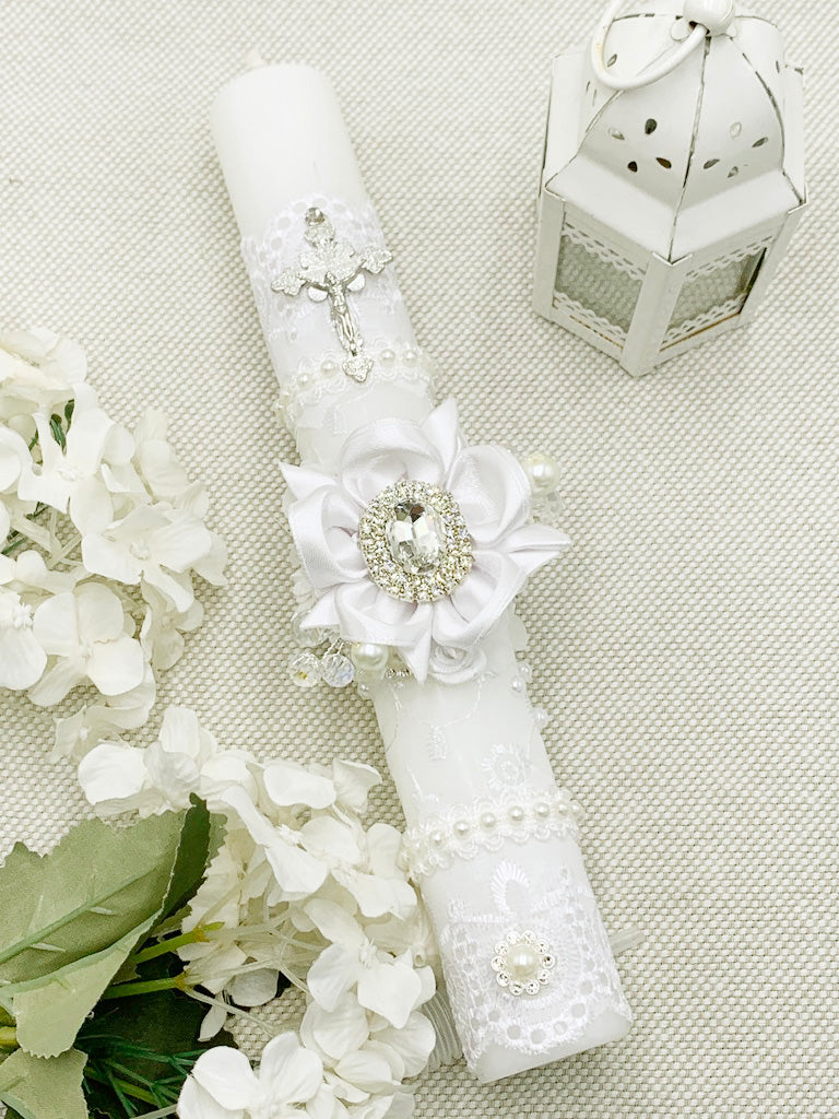 Cirio Bautismal de encajes blanco MODELO 1