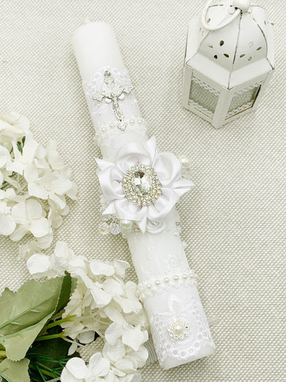 Cirio Bautismal de encajes blanco MODELO 1