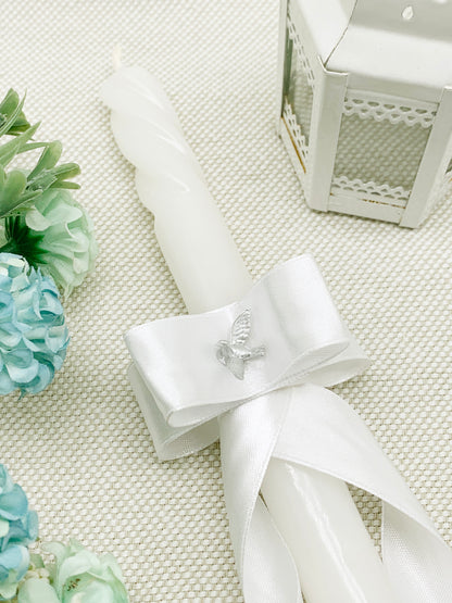 Candela torneada con lazo blanco y espíritu santo mini