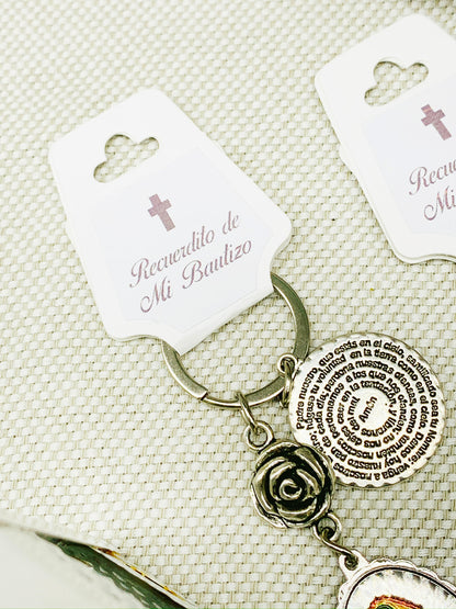 Llavero con Rosa de Guadalupe Virgencita y Padre Nuestro