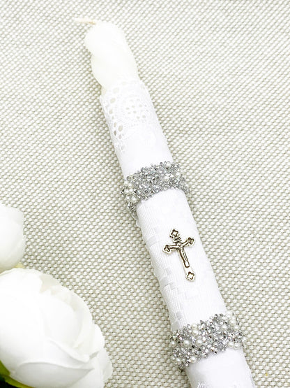 Candela torneada con labrado y cruz plateada mini