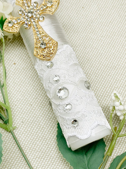 Cirio Bautismal con cruz pedreria dorada