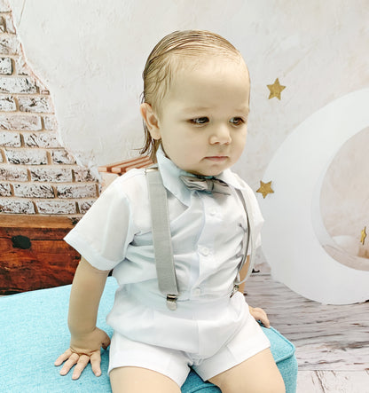 Traje 4 piezas tirantes grises estilo pantalón o short