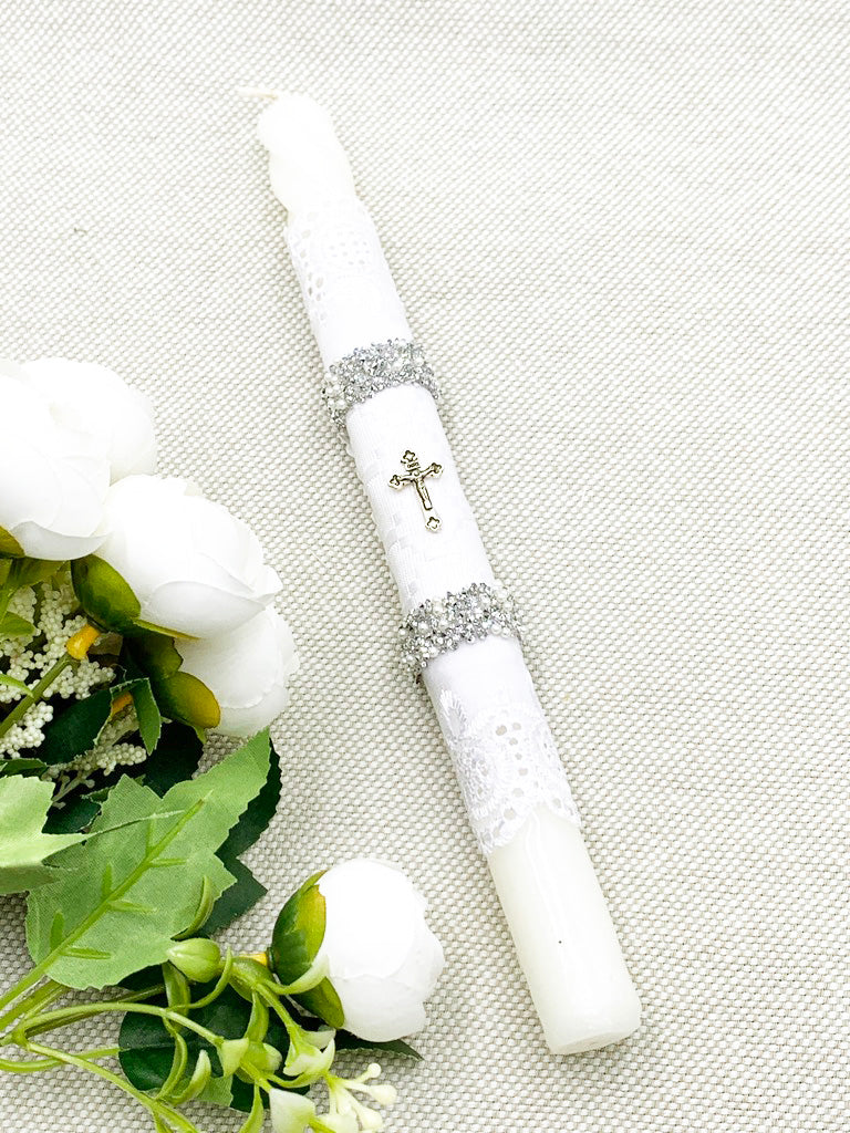 Candela torneada con labrado y cruz plateada mini