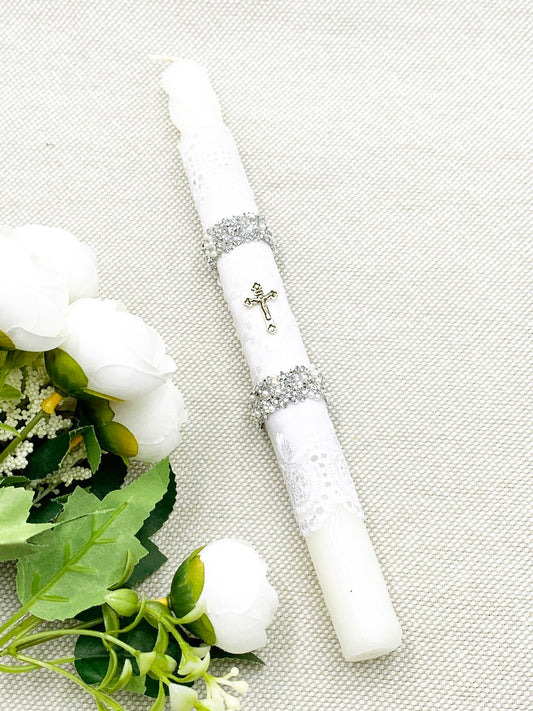 Candela torneada con labrado y cruz plateada mini