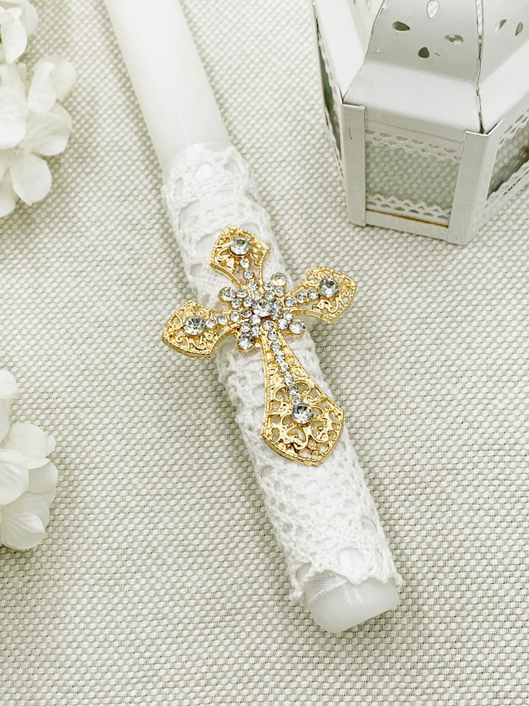 Candela torneada con cruz en pedrería