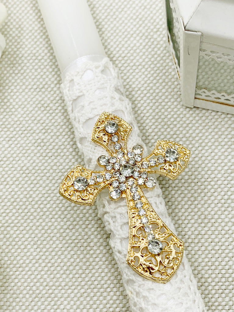 Candela torneada con cruz en pedrería