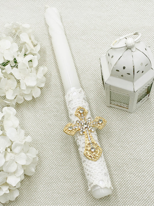 Candela torneada con cruz en pedrería