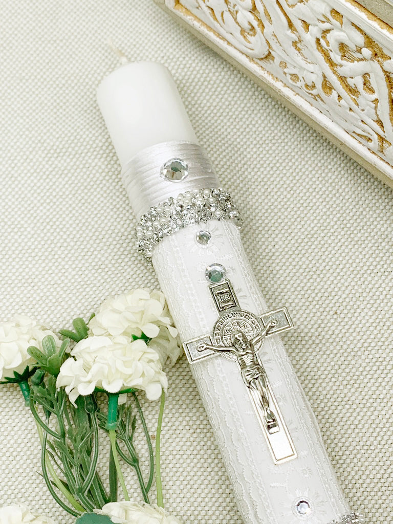 Cirio Bautismal tonos plateados