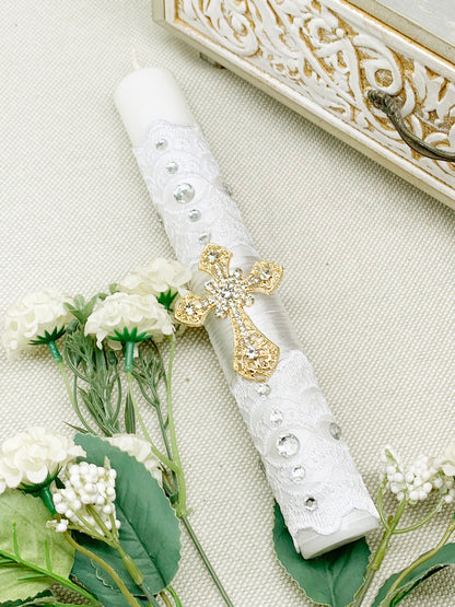 Cirio Bautismal con cruz pedreria dorada