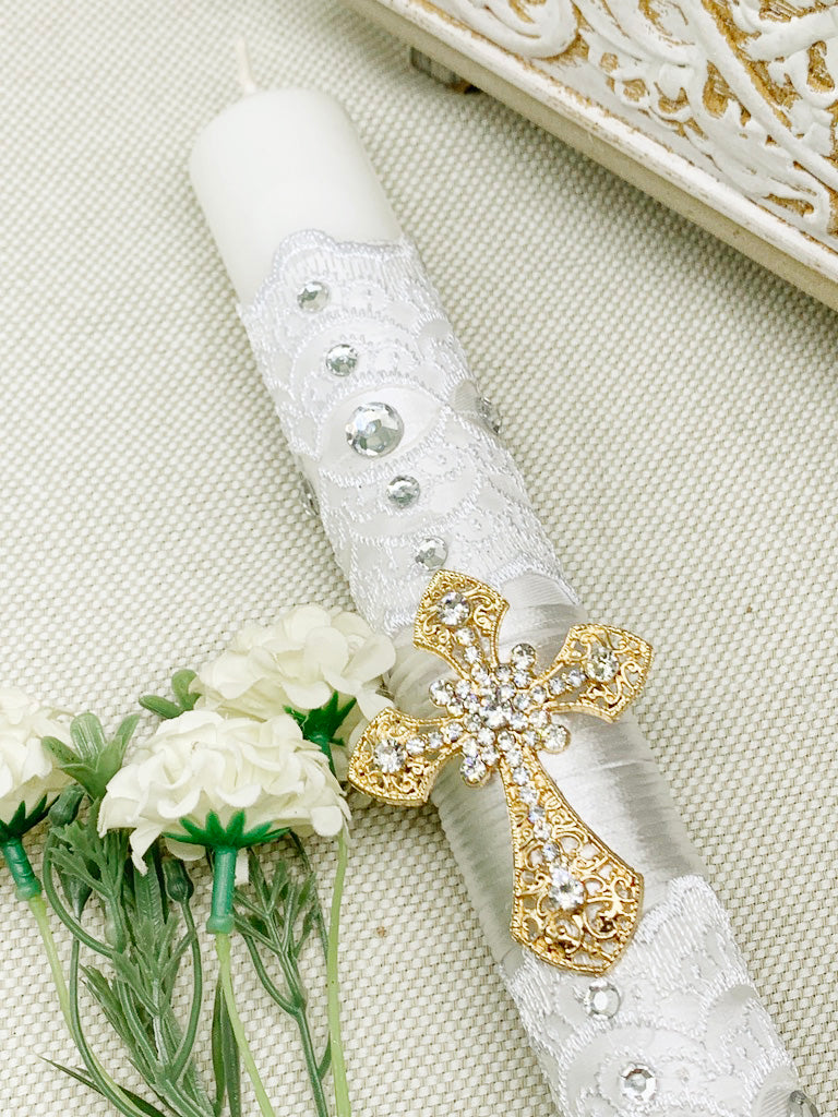 Cirio Bautismal con cruz pedreria dorada