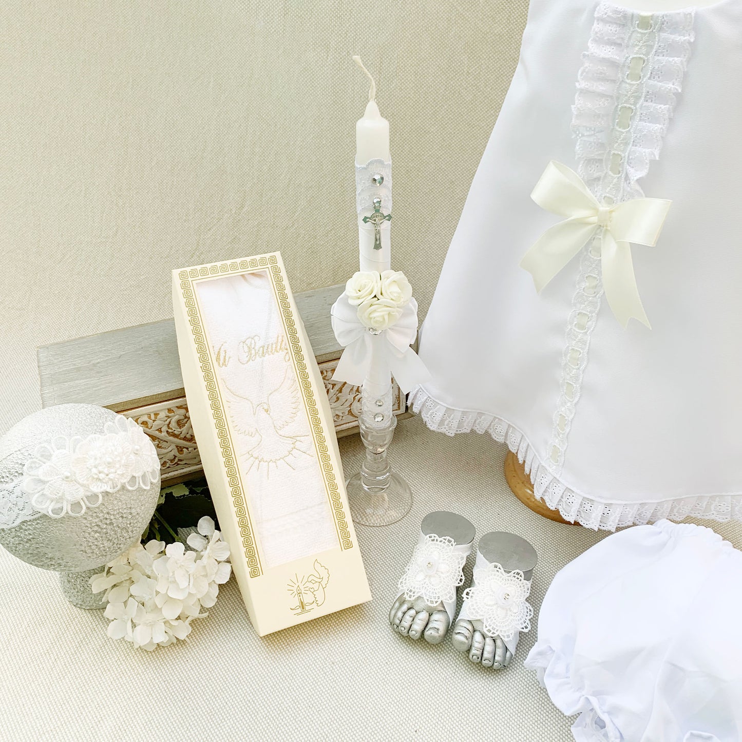 25%OFF Conjunto bautismal vestido corte en A ivory cinta + accesorios (6 piezas)