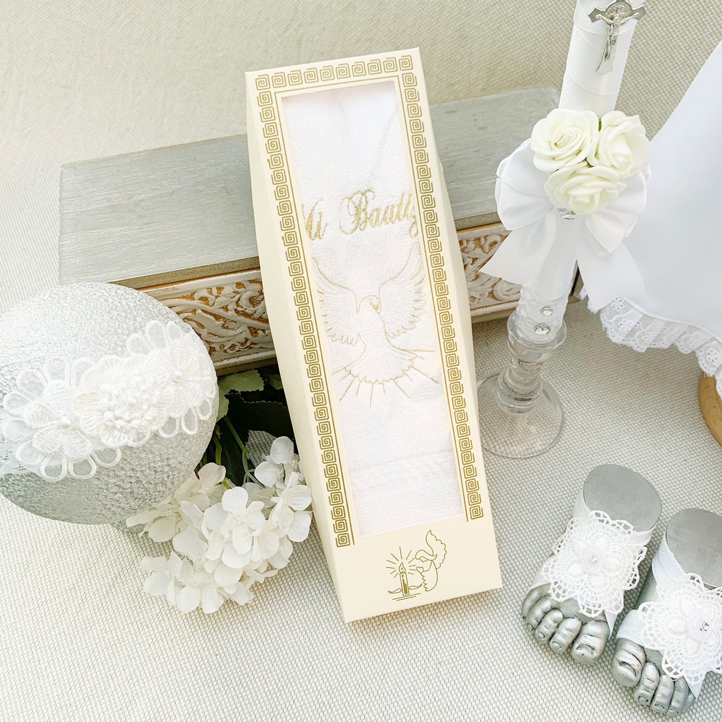 25%OFF Conjunto bautismal vestido corte en A ivory cinta + accesorios (6 piezas)