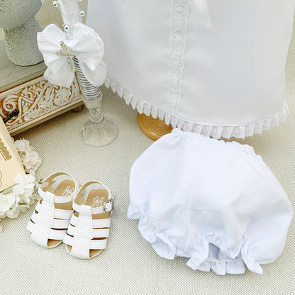 25%OFF Conjunto bautismal vestido corte en A blanca cinta + accesorios (6 piezas)