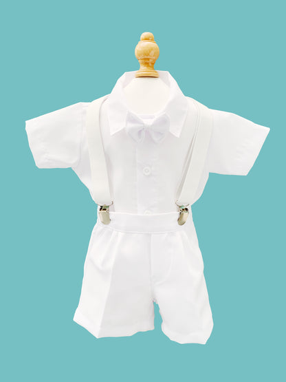 Traje 4 piezas tirantes blancos estilo pantalón o short