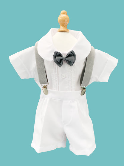 Traje 4 piezas Peter Pan tirantes grises estilo pantalón o short