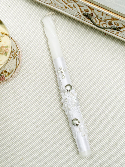 Candela diseño con conchitas y cruz plateadas °