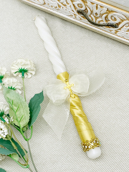 Candela torneada dorada con lazo organza