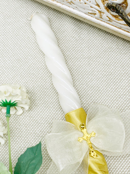 Candela torneada dorada con lazo organza