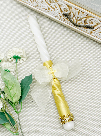 Candela torneada dorada con lazo organza