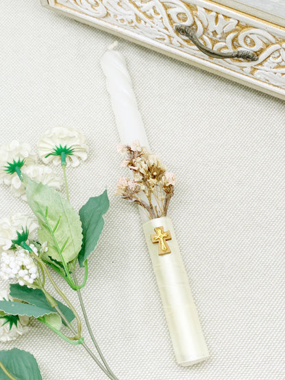 Candela torneada dorada flores orgánicas