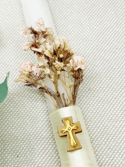 Candela torneada dorada flores orgánicas