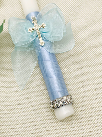 Candela torneada azul con lazo organza