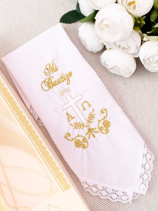 Pañito Docoma Cruz alfa y omega opción de color dorado o plateado