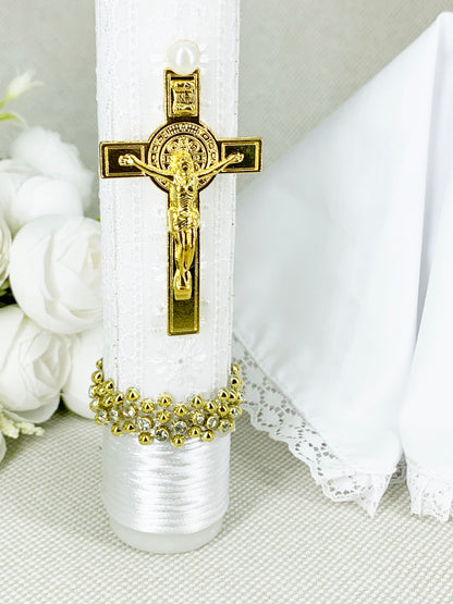 OFERTA SOLO TIENDA EN LINEA Cirio Bautismal + Regalía pañito - Modelo con cruz de pedrería dorada