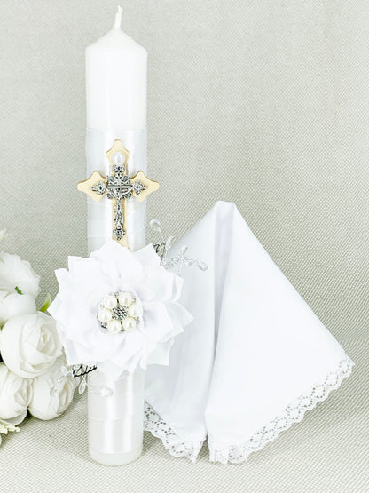 OFERTA SOLO TIENDA EN LINEA Cirio Bautismal + Regalía pañito - Modelo de encajes blanco