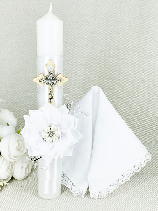OFERTA SOLO TIENDA EN LINEA Cirio Bautismal + Regalía pañito - Modelo de encajes blanco