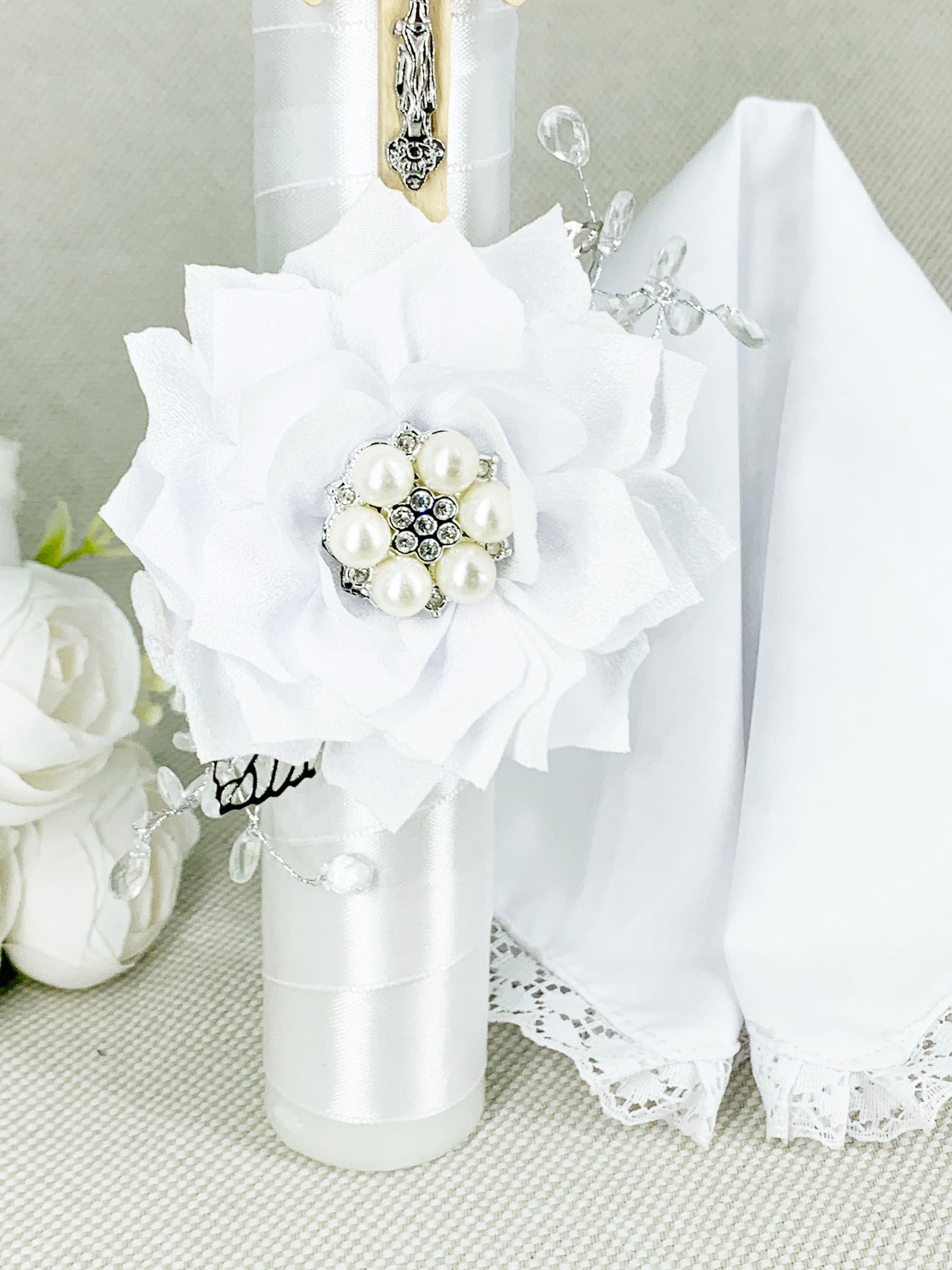 OFERTA SOLO TIENDA EN LINEA Cirio Bautismal + Regalía pañito - Modelo de encajes blanco
