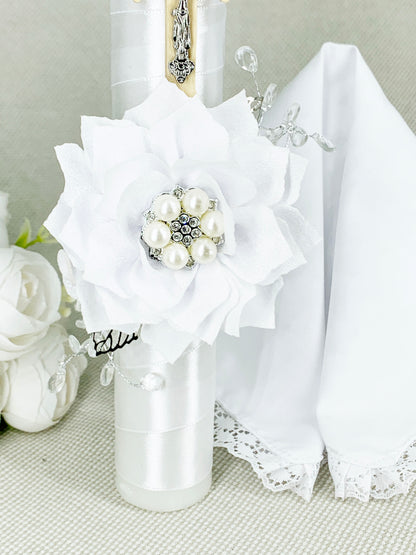OFERTA SOLO TIENDA EN LINEA Cirio Bautismal + Regalía pañito - Modelo de encajes blanco