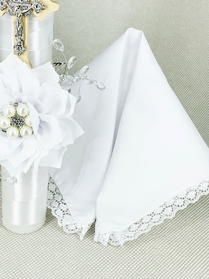 OFERTA SOLO TIENDA EN LINEA Cirio Bautismal + Regalía pañito - Modelo de encajes blanco