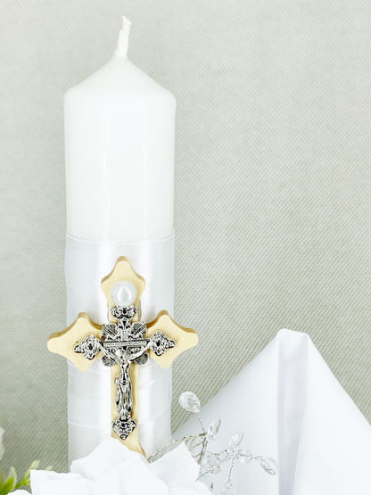 OFERTA SOLO TIENDA EN LINEA Cirio Bautismal + Regalía pañito - Modelo de encajes blanco
