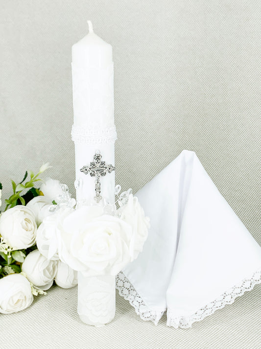 OFERTA SOLO TIENDA EN LINEA Cirio Bautismal + Regalía pañito - Modelo con rosas blancas