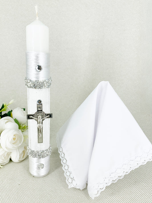 OFERTA SOLO TIENDA EN LINEA Cirio Bautismal + Regalía pañito - Modelo de encajes blanco MODELO 1