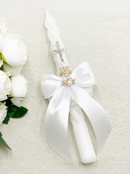 Candela torneada blanca lazo dorado champagne