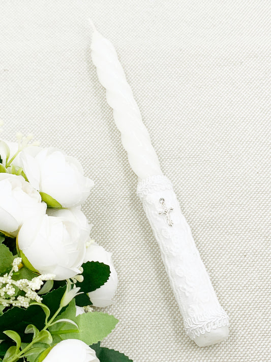Candela para bautizo torneada encaje blanco