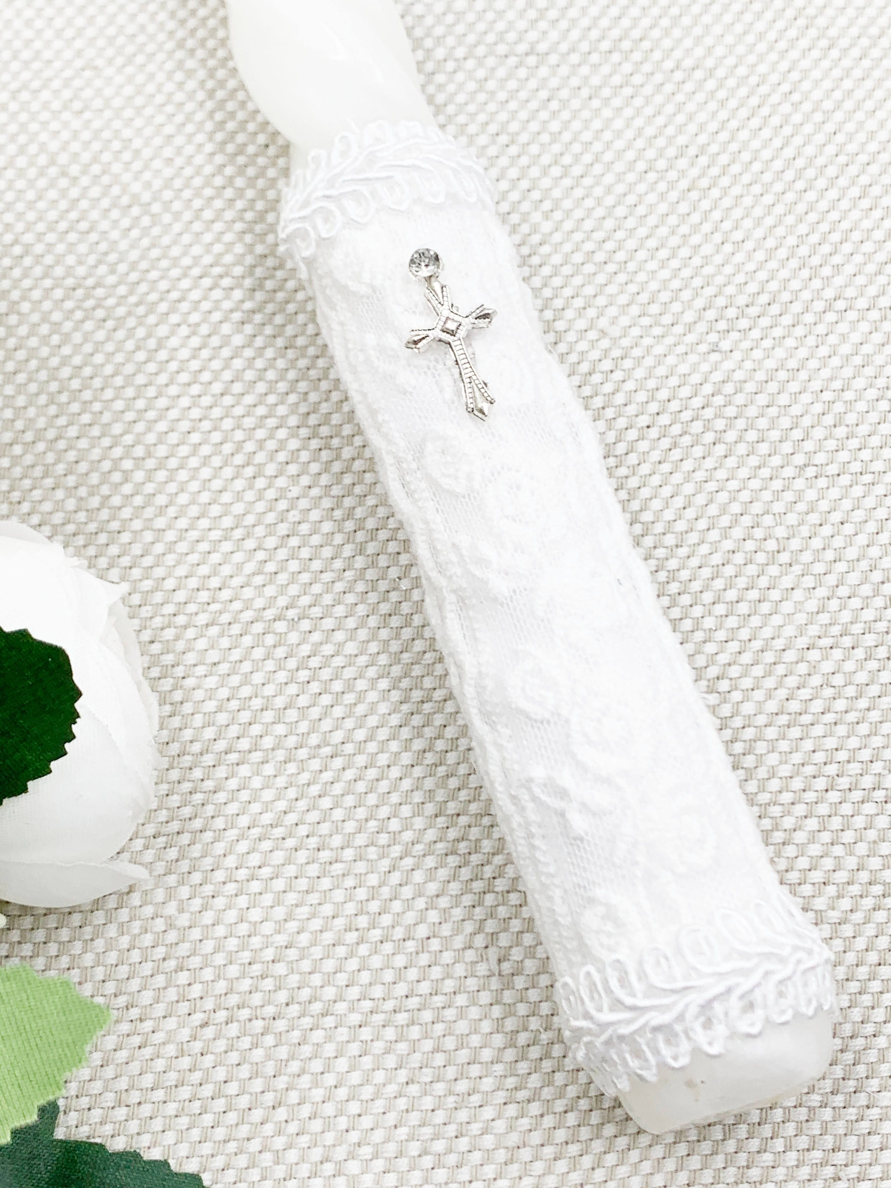 Candela para bautizo torneada encaje blanco
