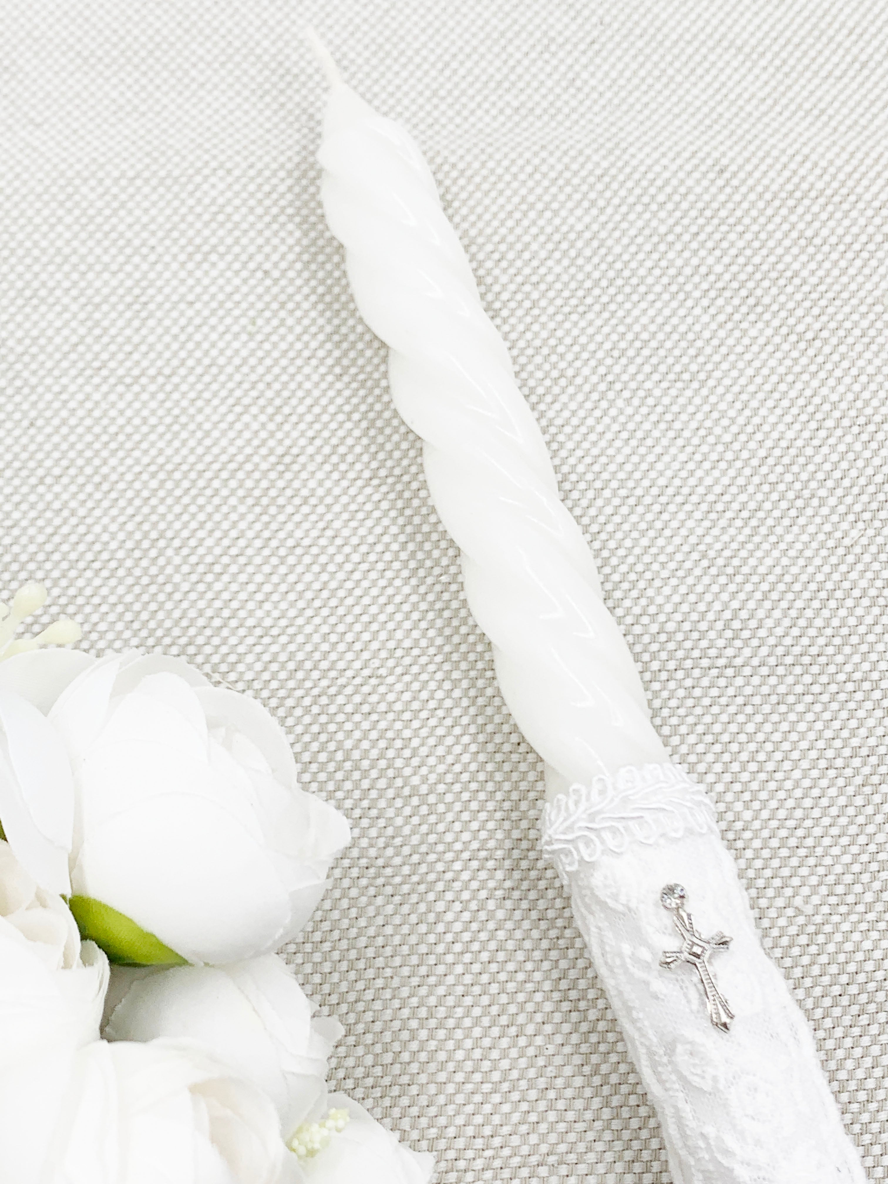Candela para bautizo torneada encaje blanco