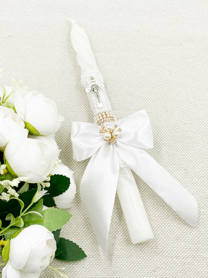 Candela para bautizo torneada blanca lazo dorado champagne