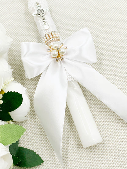 Candela para bautizo torneada blanca lazo dorado champagne
