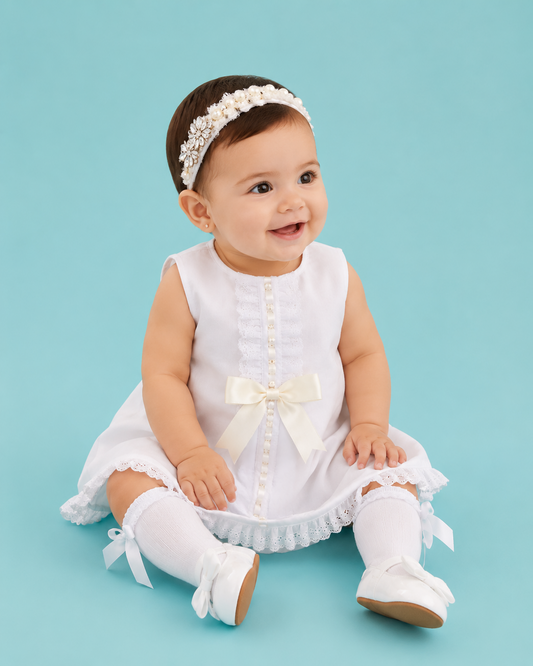 Vestido para Bautizo en A con tira bordada cinta ivory