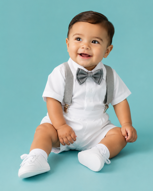Traje para Bautizo 4 piezas tirantes grises estilo pantalón o short